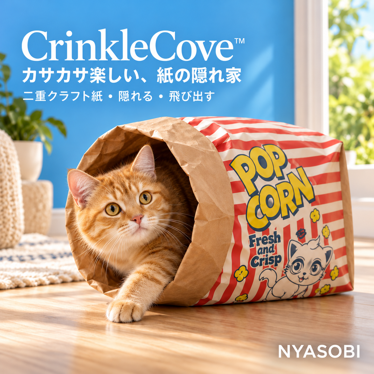 CrinkleCove 二重クラフト紙の猫用隠れ家で遊ぶ猫