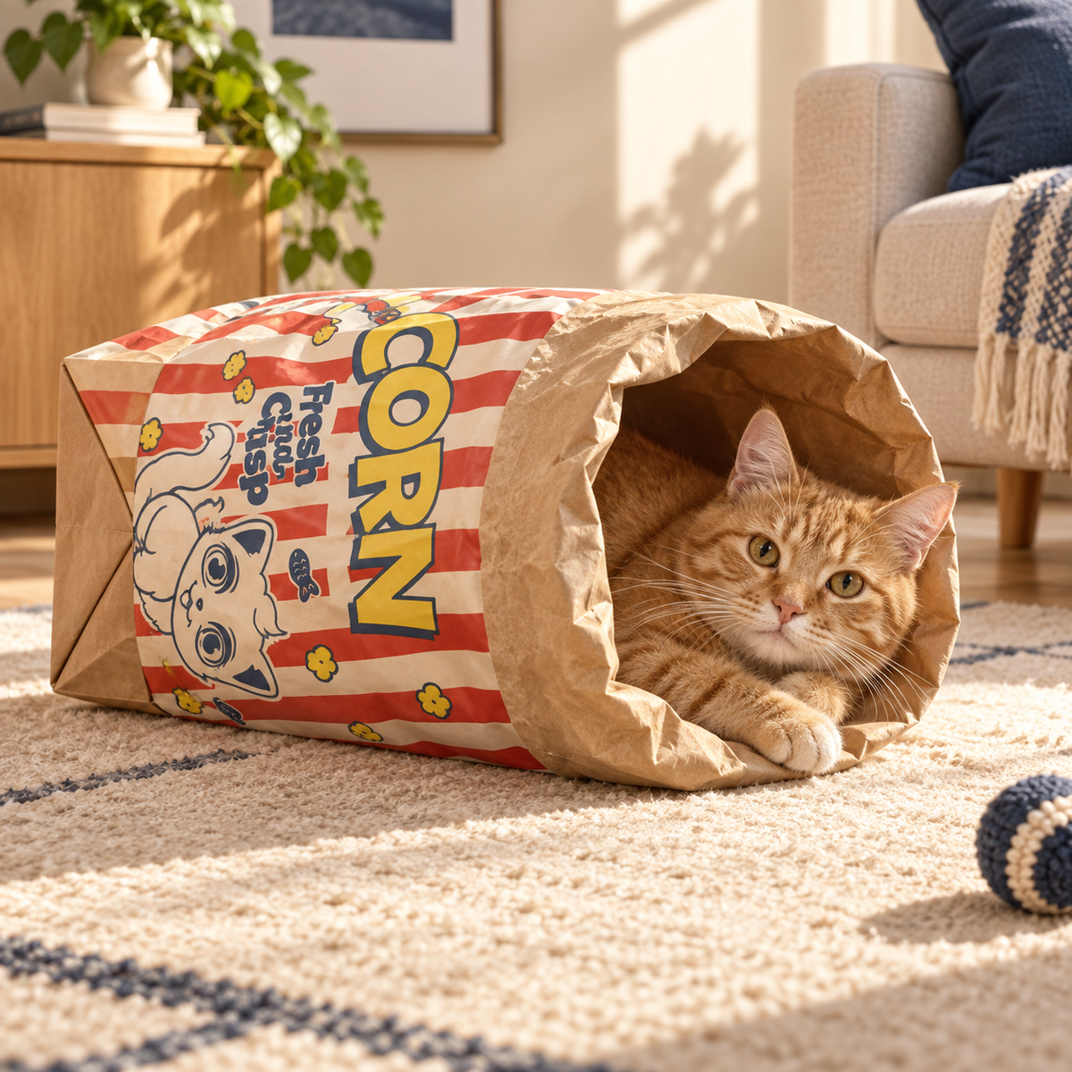 紙の隠れ家から外を見つめる猫
