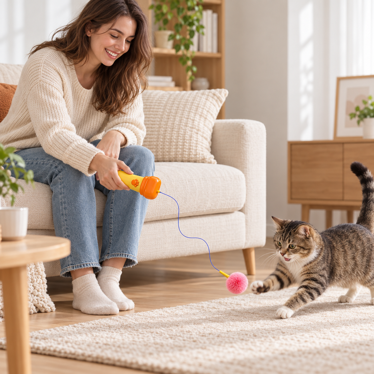 飼い主とひも付きポンポンを追いかける猫