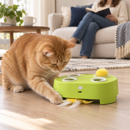 WhiskerQuest の下部の羽根に触れる猫