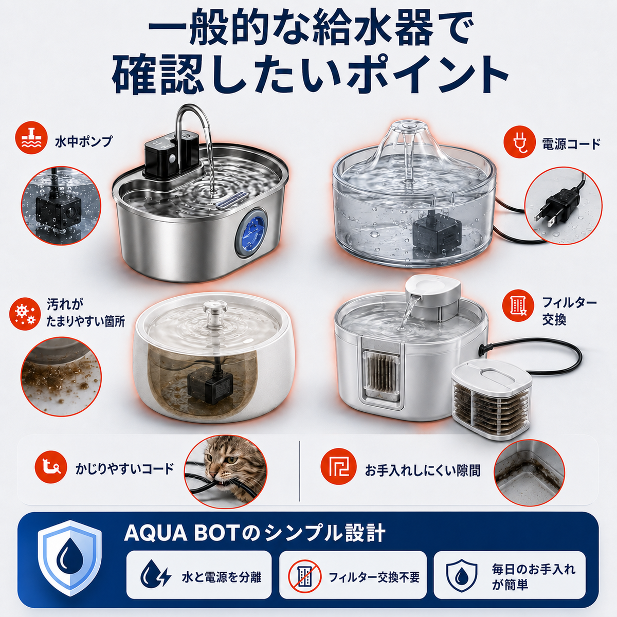 一般的な給水器とAqua Botの設計比較