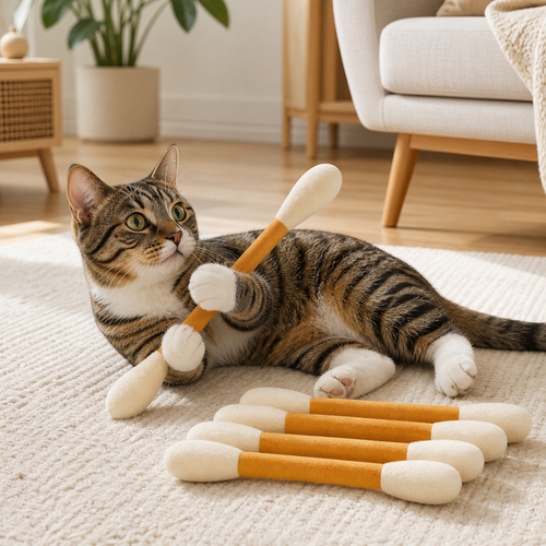 PurrSwabを抱えて遊ぶ猫と6本のけりぐるみ