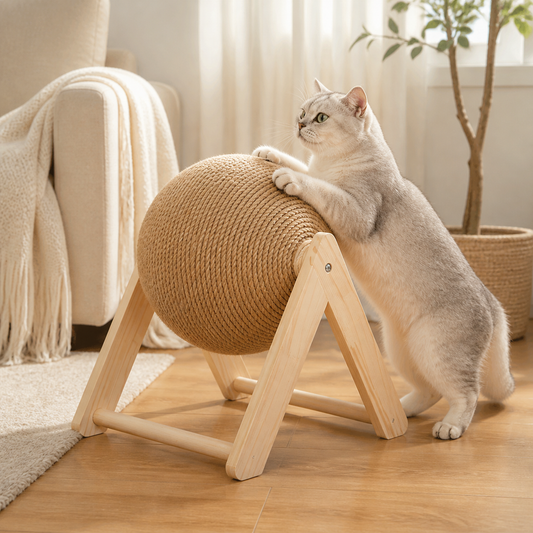 ScratchOrb回転サイザルボールで爪をとぐ猫